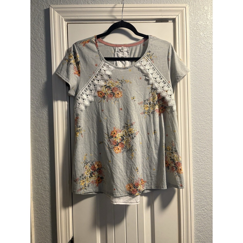 Maurices Floral Lace Yoke Blouse Lace Up Back Boho Cottagecore Top Women's Large